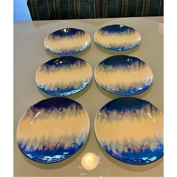 6 Tommy Bahama Melamine Watercolor Dinner Plates Blue/Aqua Beach House Table - Picture 1 of 9